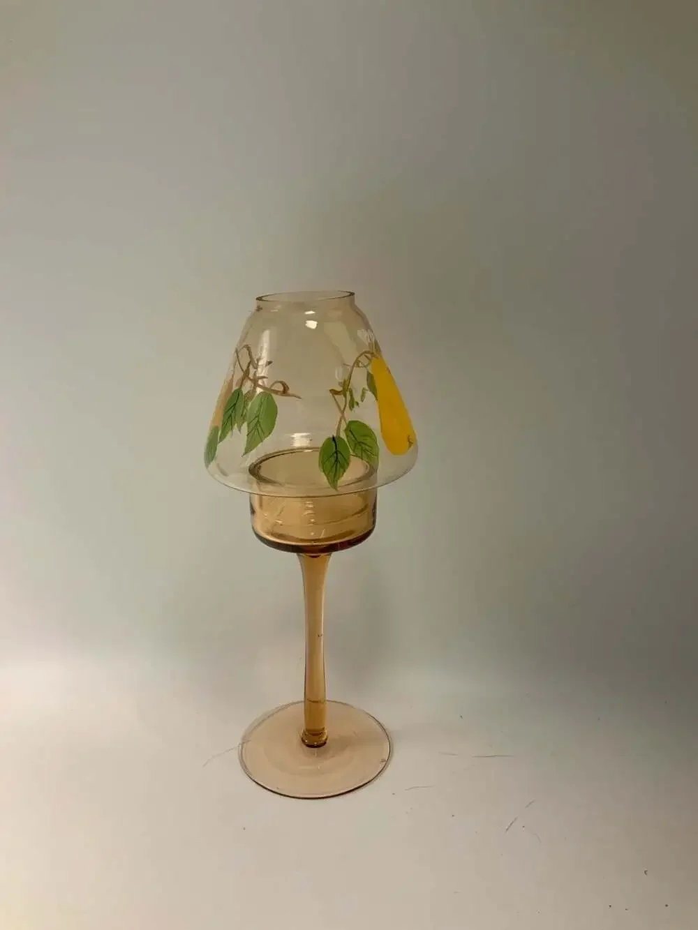 Amber Glass Pedestal Votive Candle Holder with Hand-Painted Pear